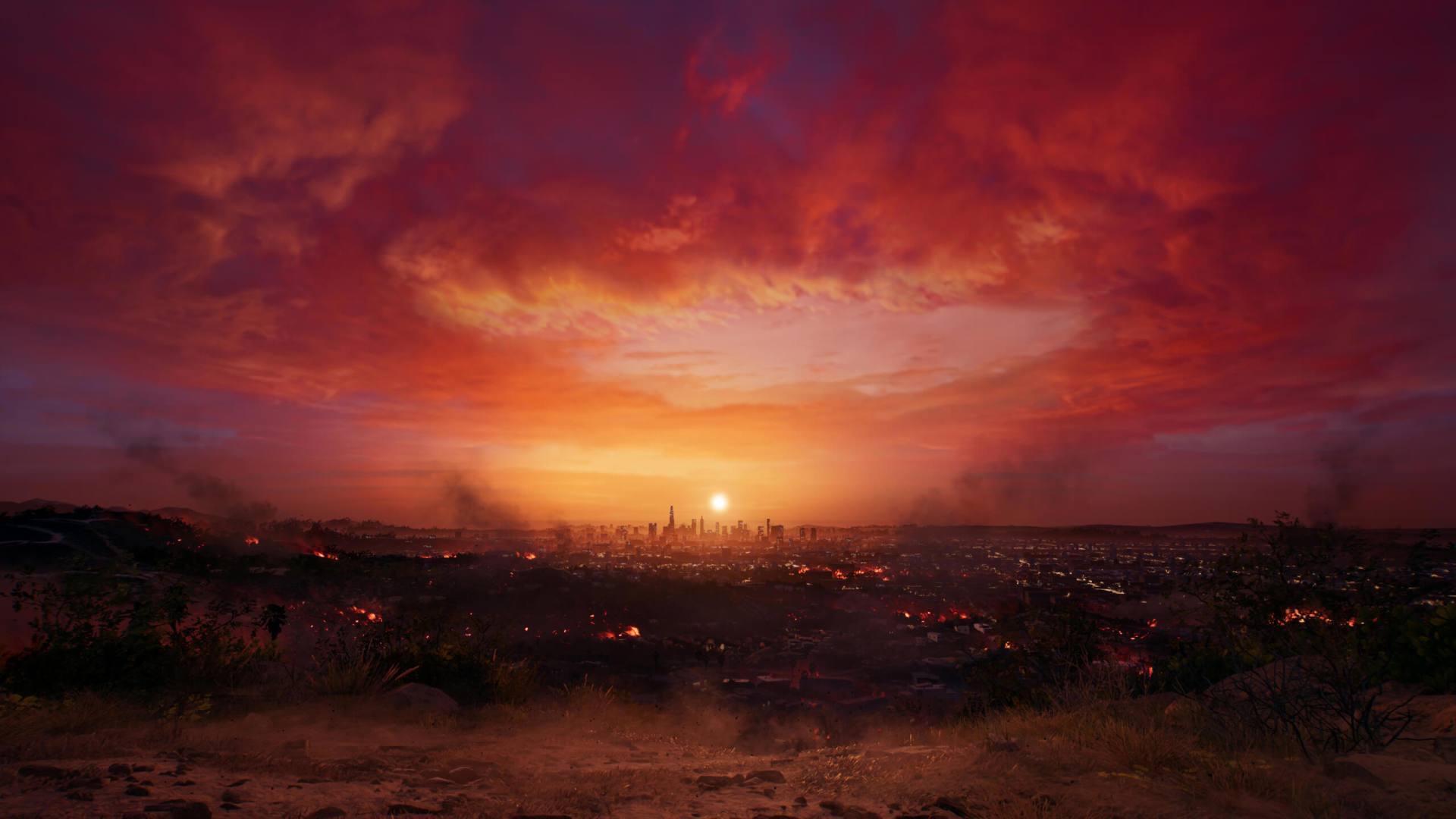 dead island 2 setting, view from above, under the sunset