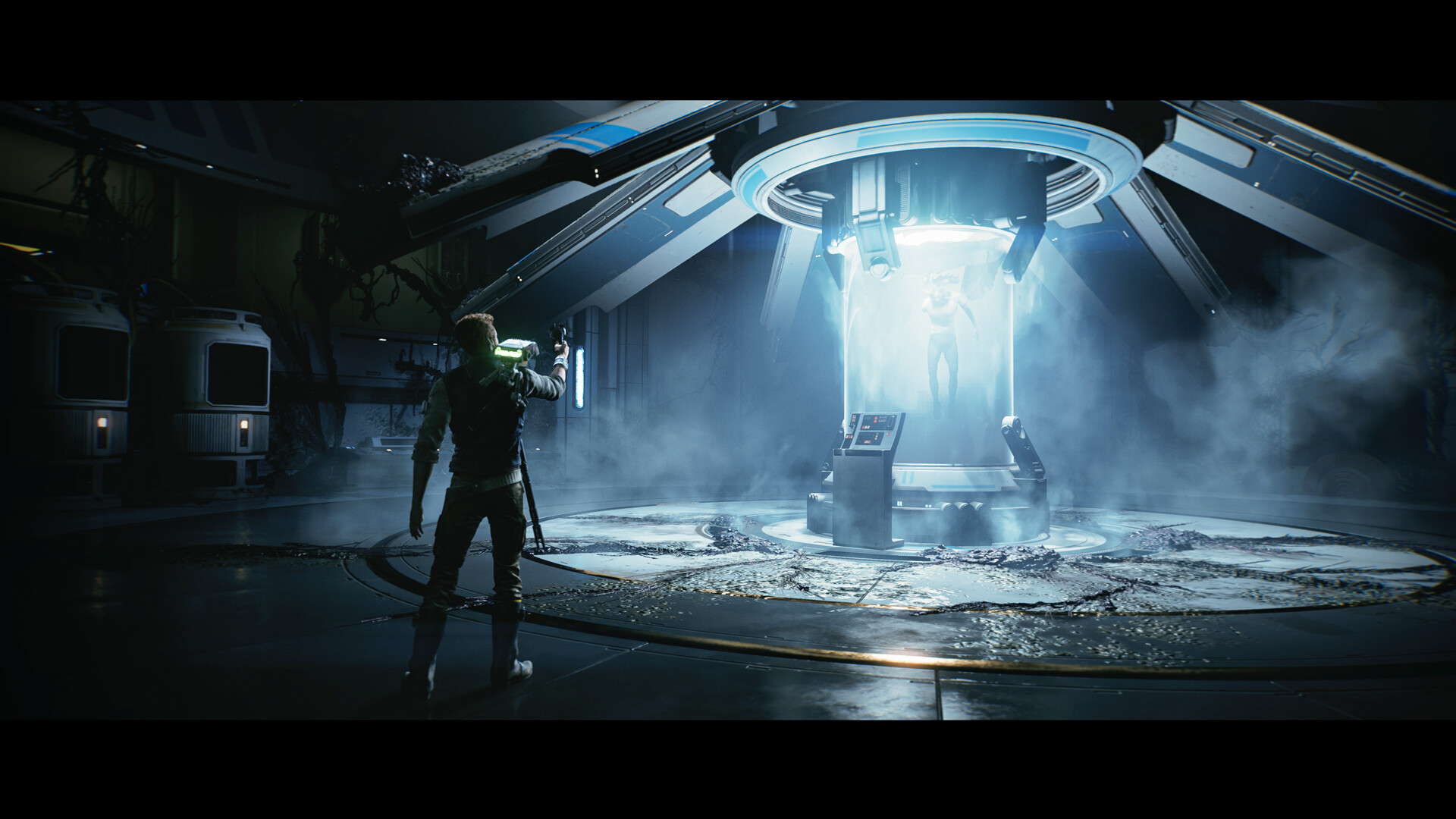 Star Wars Jedi: Surviror cutscene, Cal Kestis watching a glowing chamber