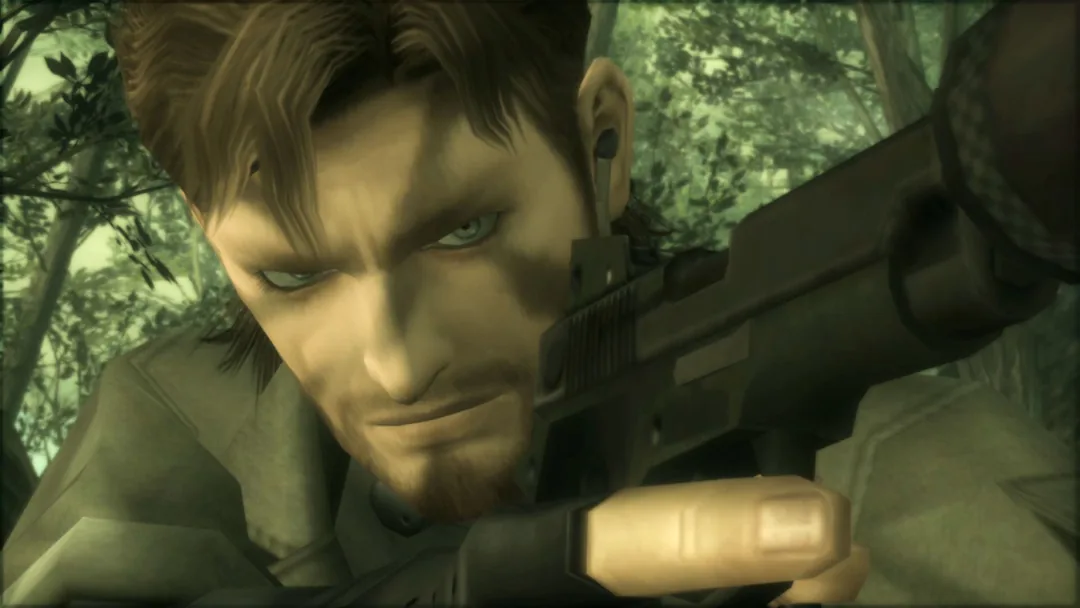 the protagonist of metal gear solid 3 holding a gun, standing close to the camera, only his face and hand visible