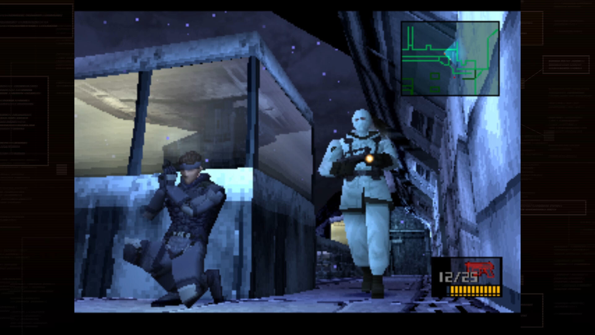 solid snake from the first game hiding near a wall while an enemy is walking towards him