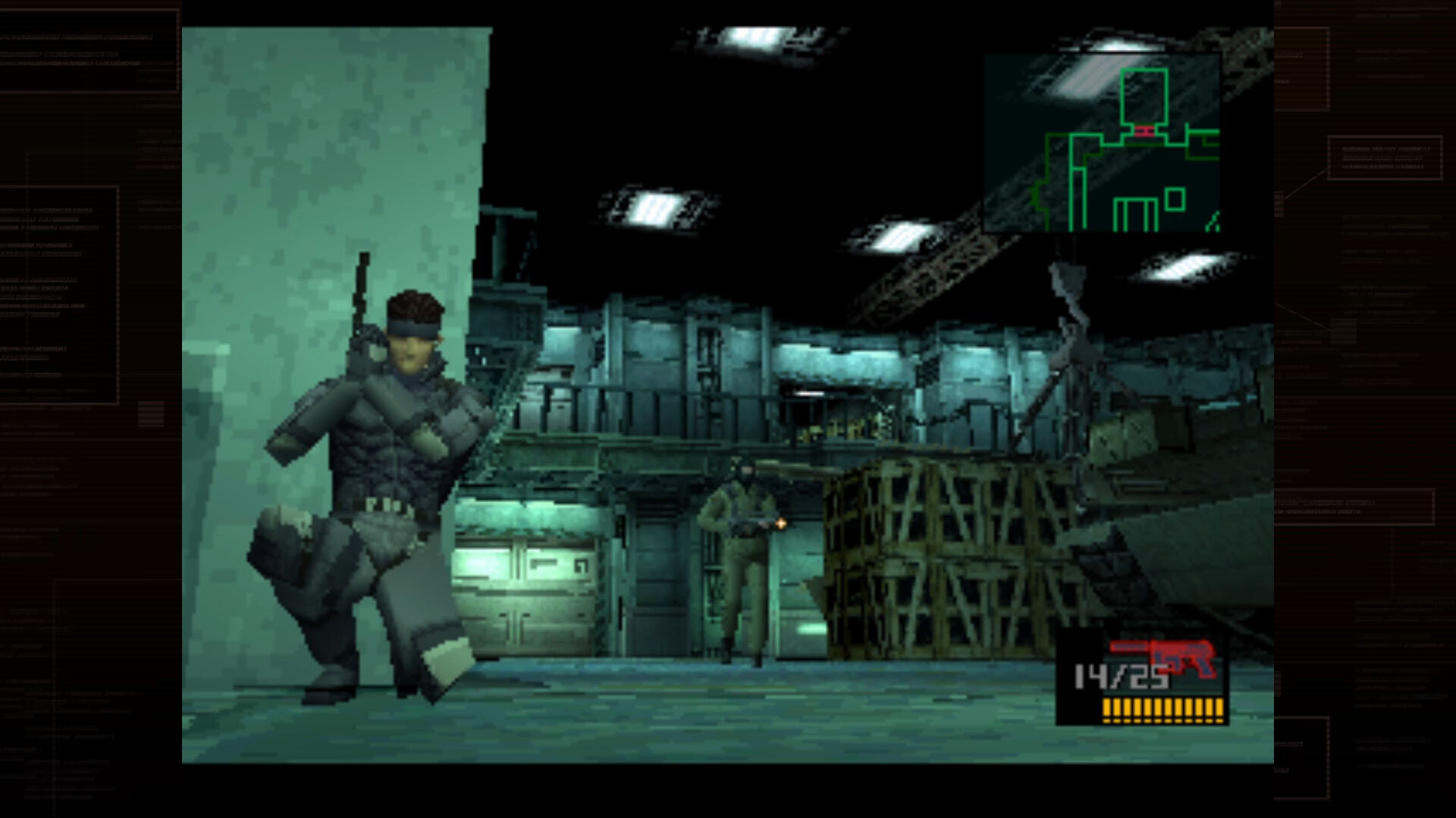 solid snake leaning on a wall in metal gear solid